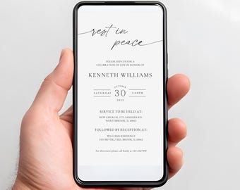 Minimalist Rest In Peace Funeral Phone Invitation, Digital Funeral Memorial Service Evite, Loving Memory, RIP, Canva Template