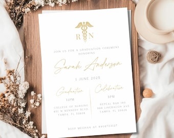 May include: A white graduation announcement with gold text and a caduceus symbol. The announcement reads "Join us for a Graduation Ceremony Honoring Sarah Anderson" and includes date, time, and location details for the ceremony and celebration.
