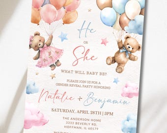 Editable Gender Reveal Baby Shower Invite, Teddy Bear Balloons Invitation, We Can Bearly Wait