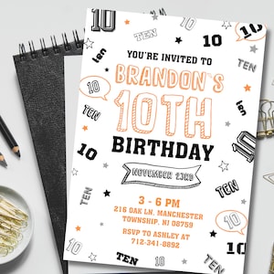 Faire-part 10e anniversaire orange modifiable, dix invitations neutres, fête de bandes dessinées garçon noir blanc chiffres modernes, téléchargement numérique, modèle de toile