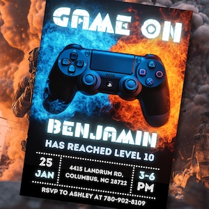 May include: Black invitation card with a blue and orange background, featuring a black game controller. The text "GAME ON" and "BENJAMIN HAS REACHED LEVEL 10" are displayed in white. Includes date, time, and RSVP information.