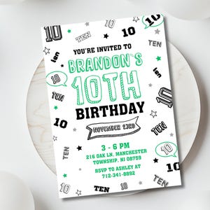 Zehn Geburtstagseinladung, 10. Geburtstag einladen, 10 moderne Geburtstagseinladungsvorlage, bearbeitbar bearbeitbar, schwarz weiß grüne Party
