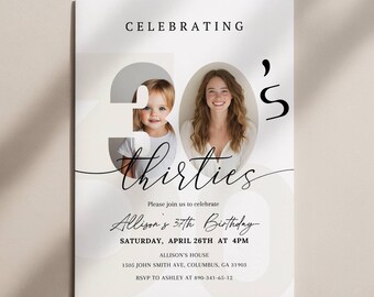 Editable 30s Birthday Photo Invitation, Minimalist Thirties Invite, 30 Party Template, Canva Printable Template