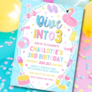 May include: A vibrant birthday invitation with the text "Dive INTO 3" and "Charlotte's 3rd Birthday." The design features illustrations of a flamingo float, beach ball, ice cream cone, and other summer-themed graphics.
