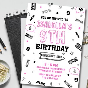 9e invitation d'anniversaire fille rose modifiable, neuf invitation, numéros minimalistes modernes fête bande dessinée noir blanc, modèle de toile en téléchargement numérique