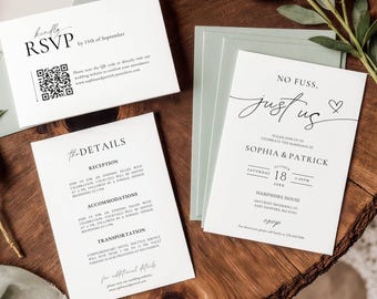 Minimalist Small Wedding Invitation Suite Template, No Fuss Just Us Modern Elopement Party RSVP, Engagement RSVP, Canva Download