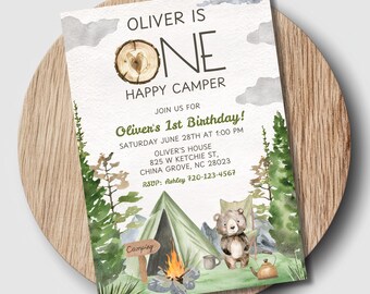 Editable Camping 1st Birthday Invitation, Happy Camper First Invite, Woodland Animals Forest, Canva Template