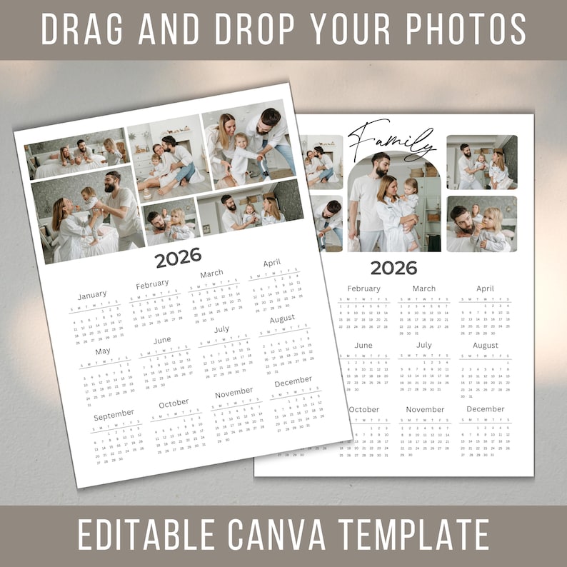 Editable 2026 Photo Calendar Template, DIY Custom Family Printable Gift ...