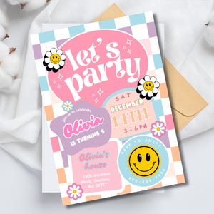 Editable Smiley Face Birthday invite, Checkered Pastel Invite, Groovy Retro Party, Emoji Invite, Tween Birthday, Any Age Girl Birthday