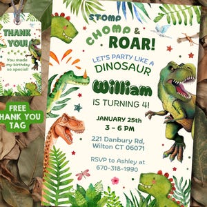 Editable Dinosaur Birthday Invitation, Dino Invite, Stomp Chomp Roar Jurassic Party, T-Rex Birthday, Digital image 1