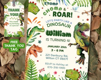 Editable Dinosaur Birthday Invitation, Dino Invite, Stomp Chomp Roar Jurassic Party, T-Rex Birthday, Digital