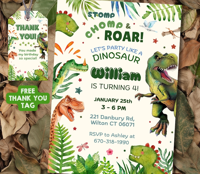 Editable Dinosaur Birthday Invitation, Dino Invite, Stomp Chomp Roar Jurassic Party, T-Rex Birthday, Digital image 1