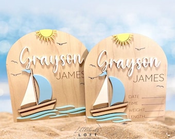 Sailboat Nursery Name Sign, Sailboat Birth Stats, Sailboat Announcement Sign, Ocean Name Sign, Ocean Stats, Wooden Beach Name Sign,