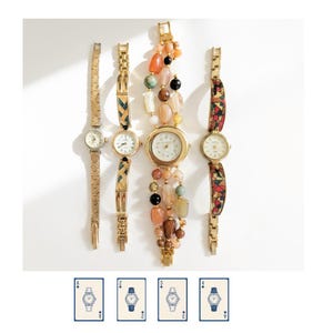May include: Five vintage wristwatches with gold-toned metal bands and watch faces. One watch has a delicate chain band, while another features a band with colorful gemstones. The watch faces are white with black numerals and hands. The watches are displayed on a white surface.