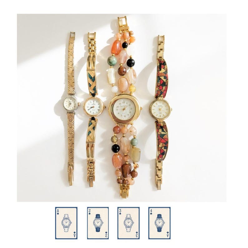 May include: Five vintage wristwatches with gold-toned metal bands and watch faces. One watch has a delicate chain band, while another features a band with colorful gemstones. The watch faces are white with black numerals and hands. The watches are displayed on a white surface.