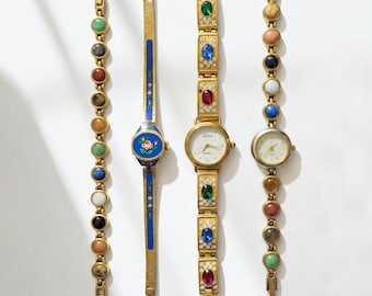 Vintage-Schmuckuhren (1960–1990) – Mechanische Uhrwerke mit 17 Steinen & japanisches Quarzwerk – Emaille, Natursteine, Peek-a-boo-Effekt