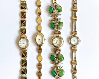 Vintage Schmuckuhr: 4 einzigartige Modelle, vergoldet, grüner Achat, Intarsien.