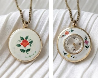 Vintage-Anhängeruhr aus den 1960er Jahren – handbemalte Emaille-Halskette mit Blumenmuster – Symbolische Zeit Ihrer Wahl