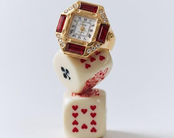 Unisex-Ringuhr im handgefertigten Stil: 18 Karat vergoldet & mit echten Quarzsteinen