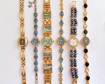 Artisan Stone Armbanduhr: Opal, Onyx, Perle, Abalone, 18 Karat vergoldet