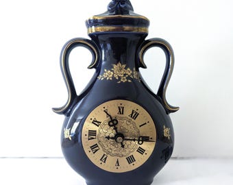 Vintage 50er Jahre Kobaltblaue deutsche mechanische Kaminuhr