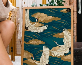 Japanese Art Crane Birds / Golden Canvas / Canvas Wall Art / Luxury Decor for Room / All Size Custom / Ready to Hang / Crane birds