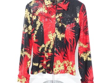 Women's Mesmerize Vintage Red Long Sleeve Floral Shiny Shimmer Zip Jacket