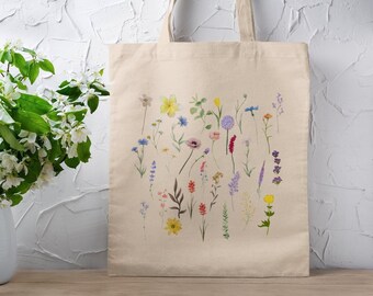 Floral Canvas Tote Bag, Wildflower Tote Bags, Watercolor Floral Tote Bag, Pressed Flowers, Illustration Handpainted Totes, Shopping Bag Gift