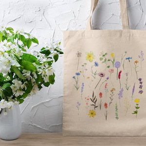 Floral Canvas Tote Bag, Wildflower Tote Bags, Watercolor Floral Tote Bag, Pressed Flowers, Aesthetic Tote Bag, Shopping Bag Gift, Mom Gift zdjęcie 1