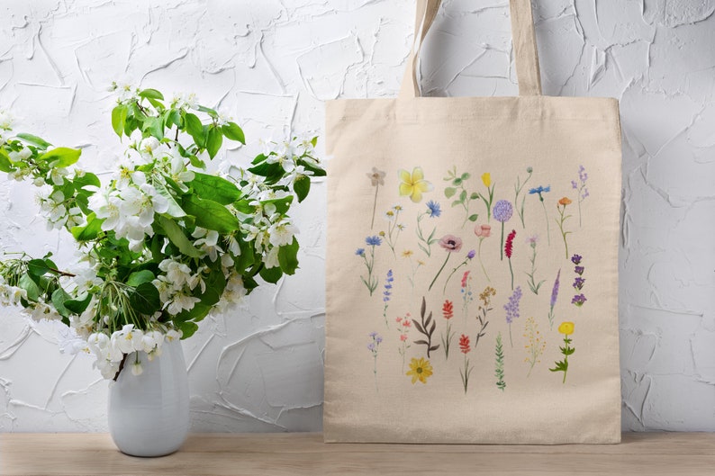 Floral Canvas Tote Bag, Wildflower Tote Bags, Watercolor Floral Tote Bag, Pressed Flowers, Aesthetic Tote Bag, Shopping Bag Gift, Mom Gift zdjęcie 1