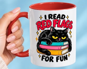 Red Flag Mug For Women, Funny Black Cat Coffee Cup, Cat Lover Friend Gift
