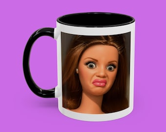 Disgusted Doll Face Meme Mug: Funny Office Coffee Cup
