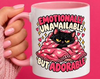 Emotionally Unavailable But Adorable Black Cat Mug, Funny Introvert Humor Gift For Antisocial Friends