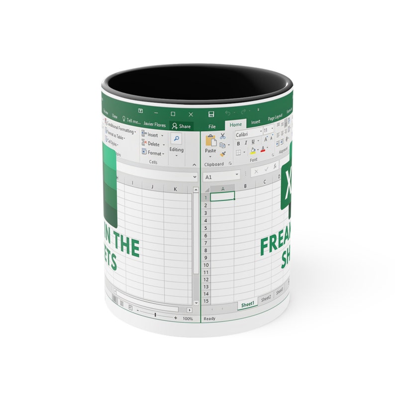 May include: White ceramic mug with a black interior and the words "IN THE SHEETS" and "FREAKING SHEETS" printed on it. The mug features a design resembling a spreadsheet interface.