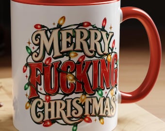 Funny Christmas Mug Featuring Bold Retro Typography, Festive Lights, And Unapologetic Holiday Humor Vibes