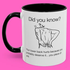 Könnte beinhalten: Weißer Keramikbecher mit schwarzem Griff und Innenraum. Der Becher zeigt den Text "Did you know?" und eine Grafik einer Person, die ihren unteren Rücken hält. Darunter steht der Text "Your lower back hurts because you probably deserve it...you piece of shit."