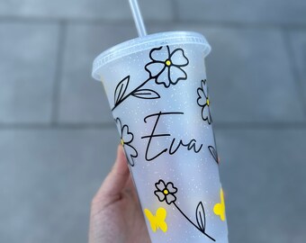 Personalisierte Name Blumen Schmetterling Becher Venti Kalte Tasse 24 Unzen - Mit Stroh