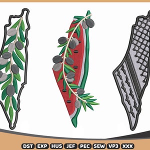 3 Palestina kaarten borduurwerk ontwerpen, bladtakken/watermeloen/Keffiyeh kaarten Palestina, machine borduurpatroon, Instant downloadbare bestanden