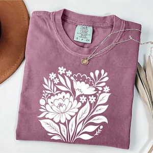 Comfort Colors Linocut Flower T-Shirt, Cute Floral Shirt, Peonies Woodcut Stamp Shirt, Cottagecore Wildflowers Shirt, Boho Botanical Shirt