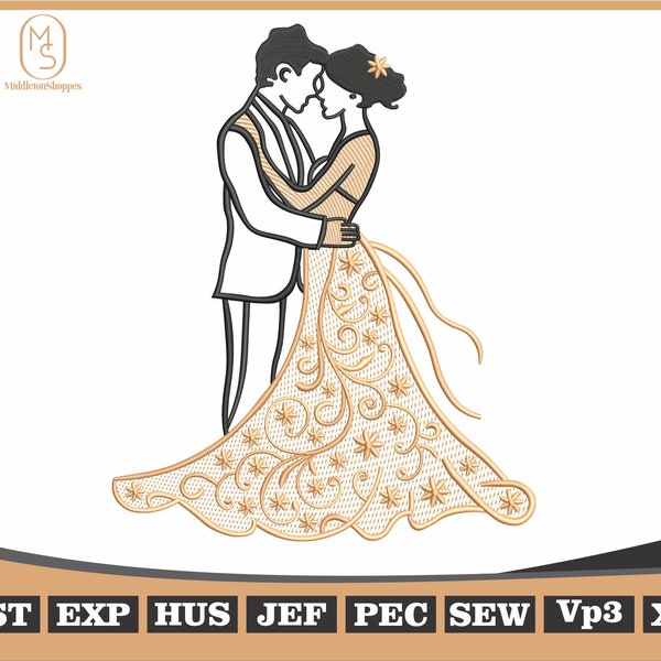 Bride and Groom Wedding Embroidery Design, Machine Embroidery Married Couple Pattern, Instant Digital Download, 4 Sizes, Pes Dst Exp Files