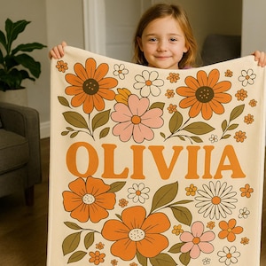 Personalized Baby Name Blanket, Retro Flower Minky Throw, Custom Kids Blanket with Name, Teen Girl Blanket, Birthday Gift for Daughter