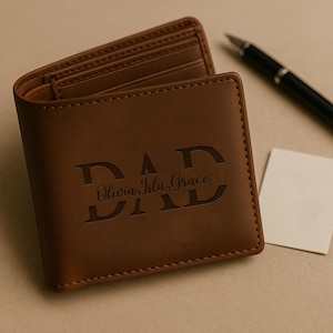 Engraved Dad Wallet with Kids Names, Personalized Leather Wallet, Custom Wallet with Family Names, Father's Day Gift for Dad, Gifts for Him