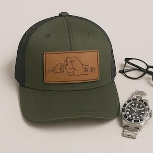 Personalized Fist Bump Dad Hat with Kids Names, Engraved Leather Patch Cap, Custom Gift for Dad or Grandpa, Father&#39;s Day Hat, Custom Dad Hat