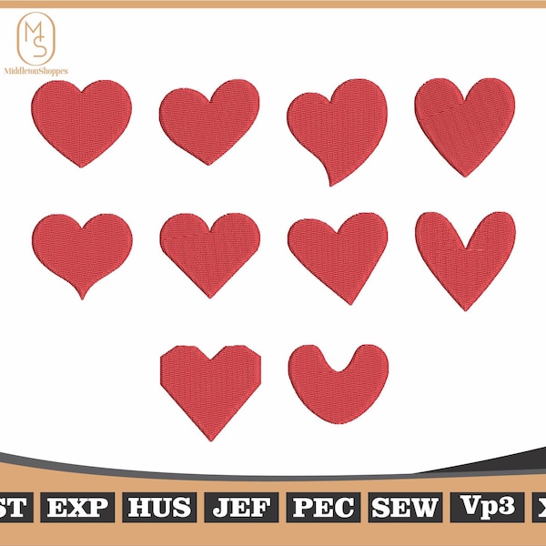 Diseño de bordado de 10 formas de corazón, diseño de bordado de máquina de mini corazón, corazón de amor, archivos Heart Pes Dst, descarga de 6 tamaños, MiddletonShoppes