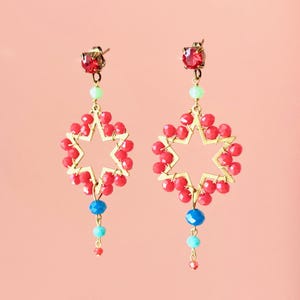 Red Star Earrings – Handmade Beaded Statement Earrings, Gold and Colorful Crystals