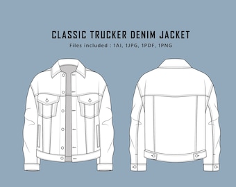 Classic Denim Trucker Jacket Flat Technical Drawing in Adobe