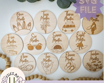 SVG Surfer Baby Milestone Markers | Baby Photo Props | Surf Baby Decor | Laser Ready File | Baby Shower Gift | Glowforge Tested