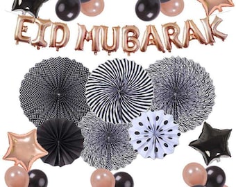 Eid Mubarak Decorations - 41 total pieces -  variety of balloons, Eid Mubarak banner & paper fans.