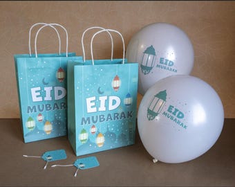 12 Elegant Eid Mubarak Gift Bags, Latex Balloons & Matching Tags