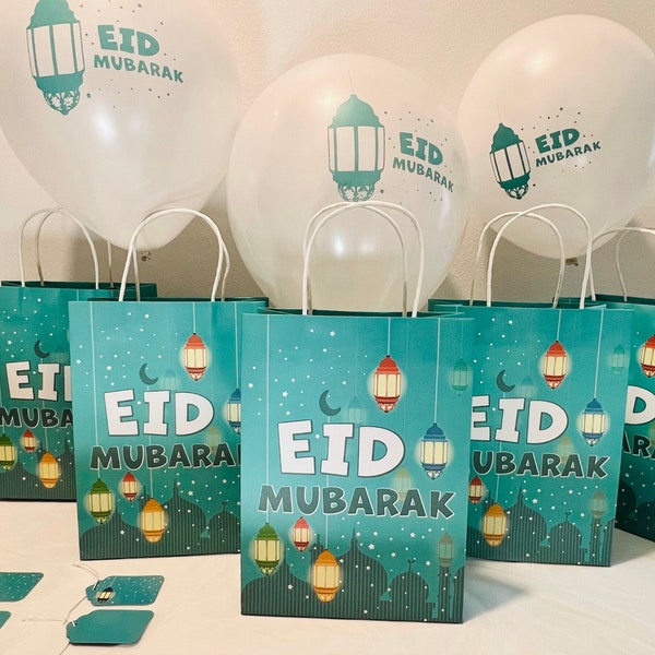 12 Elegant Eid Mubarak Gift Bags, Latex Balloons & Matching Tags